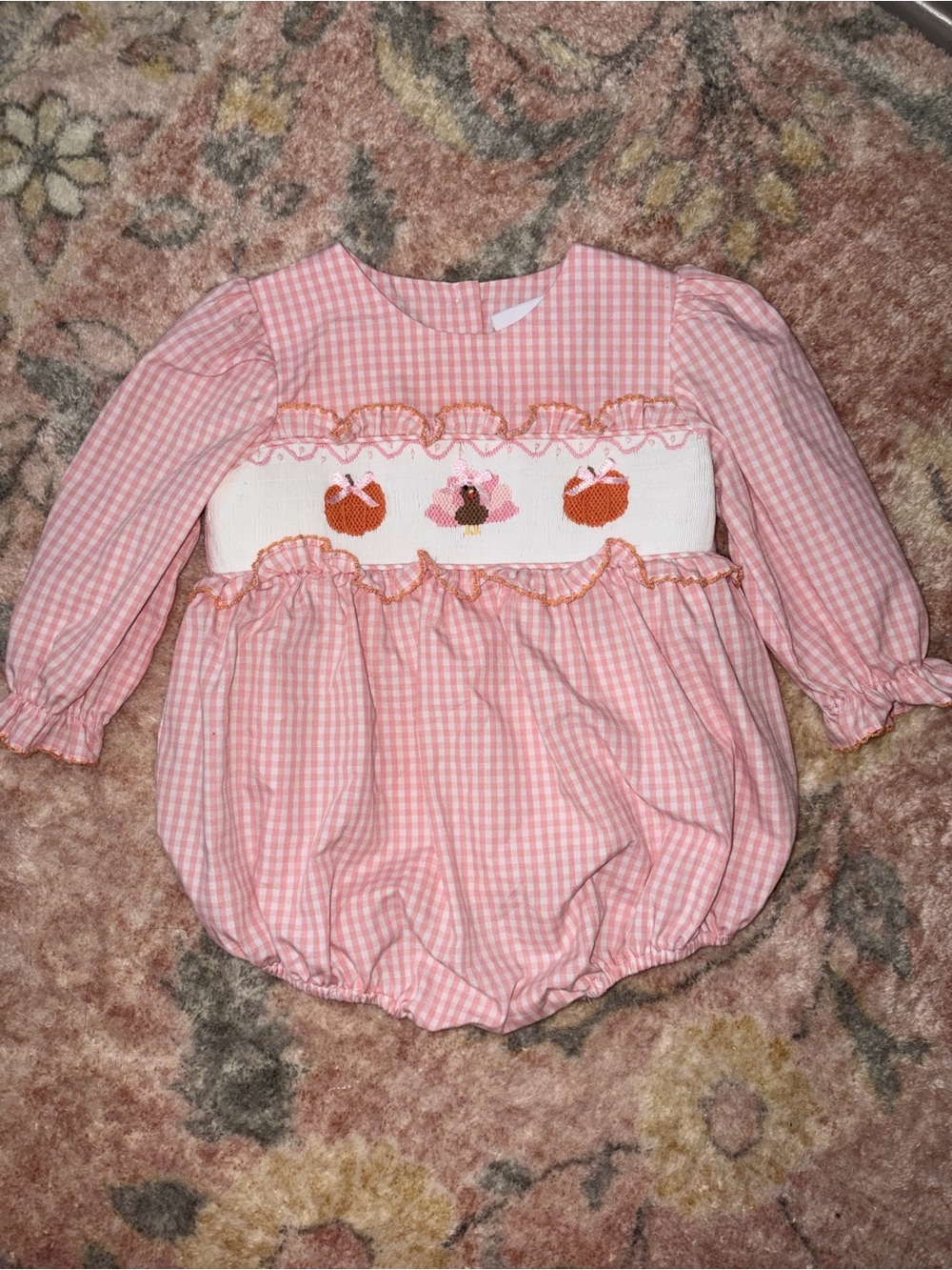 Smocked Fall Thanksgiving Long Sleeve Bubble, Pumpkins and Turkey